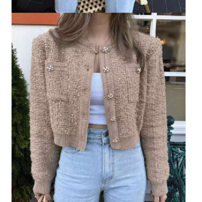 DHEssentials 2025 Autumn Winter French Style Small Fragrance Button Round Neck Short Knitted Sweater Top Fashionable Casual Versatile Stylish Cardigan