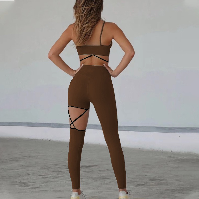 Womens High Stretch Nylon Yoga Set Quick Dry Workout Tank Top with Asymmetric Straps and Leggings