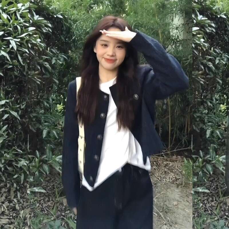 DHEssentials Korean Style Navy Blue Chanel-Style Coat for Women 2025 Autumn High-End Look Super Beautiful Petite Elegant Commuter Jacket