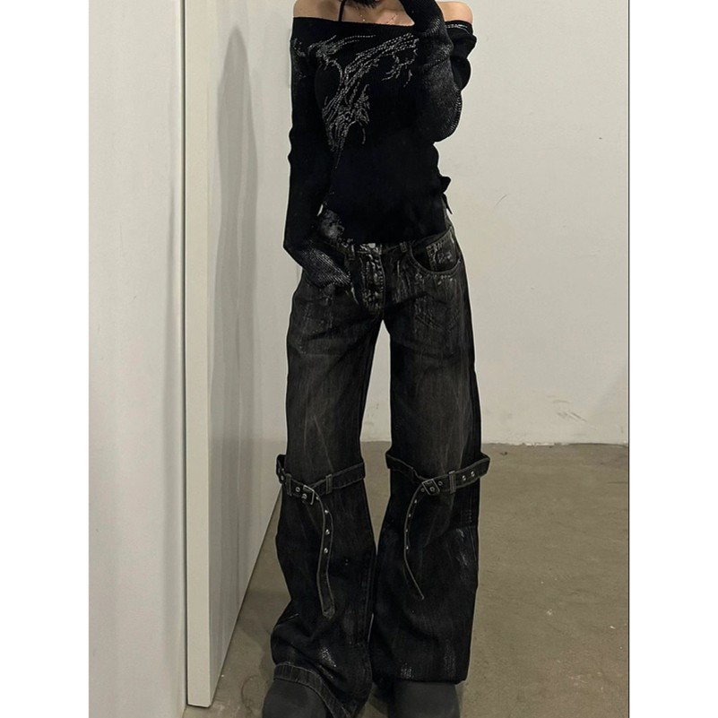 Black Womens Jeans High Waist Hip Hop Straight Fashion Pants Streetwear Harajuku Y2K Star Female Wide Leg Denim Trouser 250911