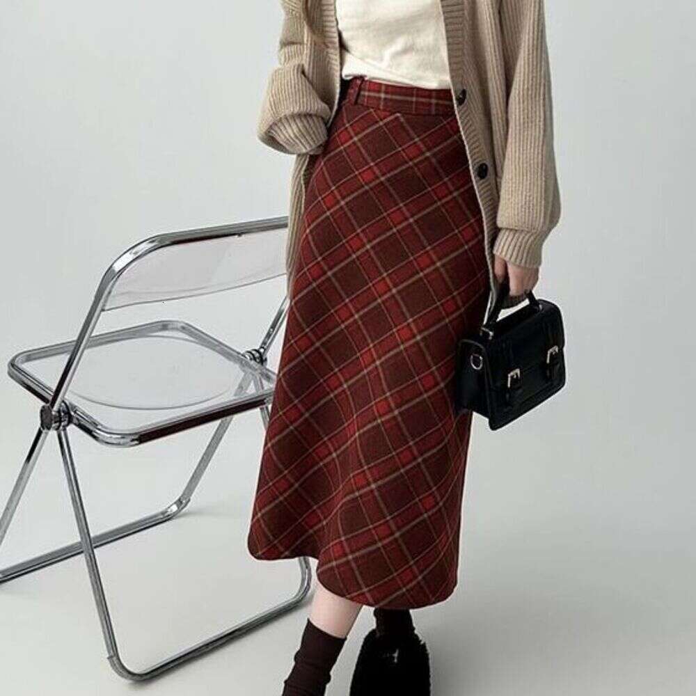 DHEssentials Red Plaid Woolen Midi for Women, Autumn and Winter French Style, Slimming High Waist Mid-Length A-Line Skirt
