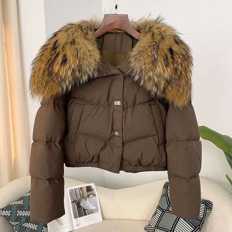 Women's Clothing Spot Winter New Women's Short Thick Warm Oversized Real Raccoon Fur Collar Down Jacket Small Size Coat