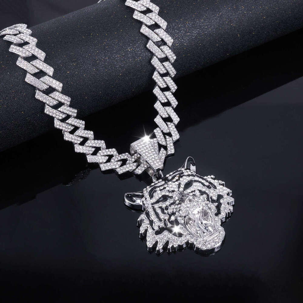 Cool 3D Full Dia New Oil Painting Tiger Head Pendant Trendy Personality Men's Hip-Hop Necklace