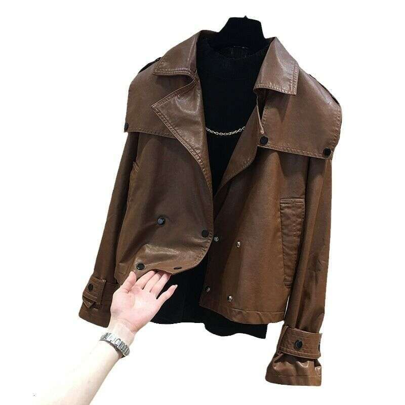 Women's Clothing New Short Lapel PU Leather For Women Autumn Retro Street Style Design Large Size Jacket Tops
