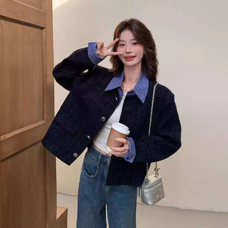 DHEssentials 2025 Autumn New French Socialite Fake Two-Piece Chanel-Style Short Coat for Women with High-End College Style and Elegant Top