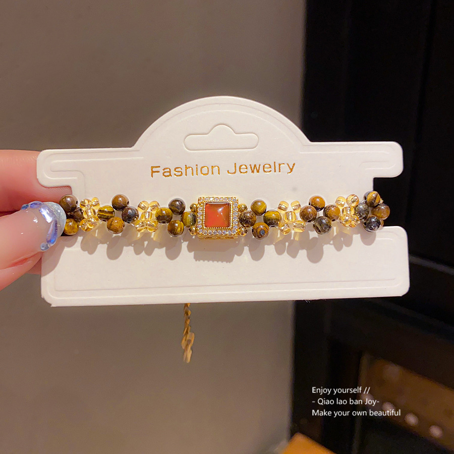 Gold - Toned Bracelet With Tiger Eye Beads And Red Gemstone Rhinestone Accent Delicate Daily & Trendy Jewelry Gift For Her Unique And Stylish Accessor