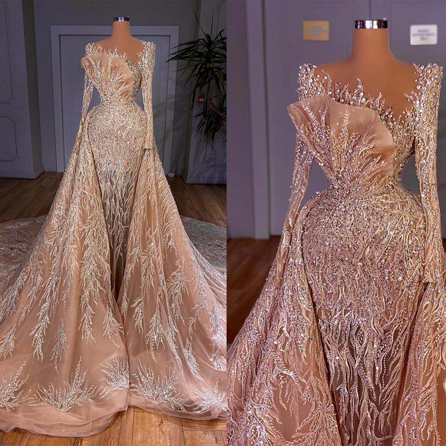 Exquisite Long Sleeve Sequins Evening Gowns Detachable Train Mermaid Prom Dresses Crystal Beadeds Customized Party Dresses