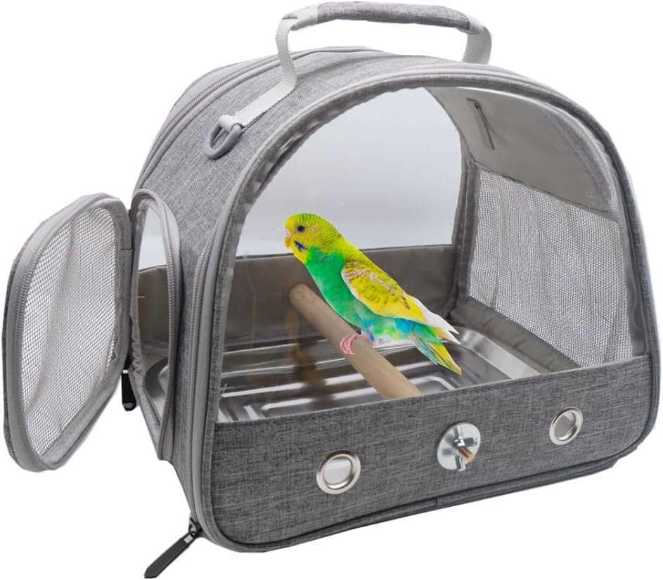 Bird Travel Carrier with Stand Perch and Stainless TrayPortable Small Bird Parrot Parakeet Cockatiel Carrier for HikingAirline Approved GreyW250912