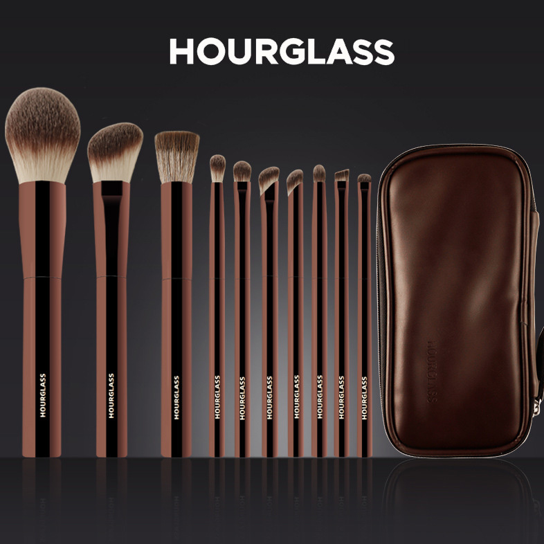 Hourglass Makeup Brush Makeup brush set portable 10 pieces high quality soft fiber hair leather material brush bag