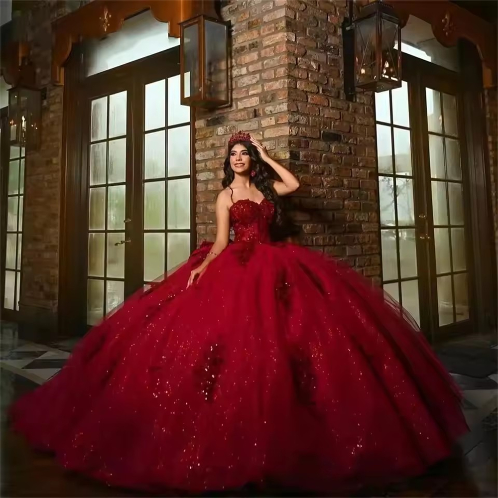 Ball Gown Quinceanera Dresses Burgundy Glittering Appliques Tulle Plus Size Customized Sweet 15 16 Princess Birthday Party Gowns Vestidos De 15 Anos Q