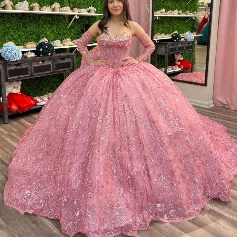 Pink Shiny Ball Gown Quinceanera Dresses Off The Shoulder Sequin Applique Lace Beading Crystal Tull Beads Party Birthday Sweet 16 Dress Vestidos 15 De