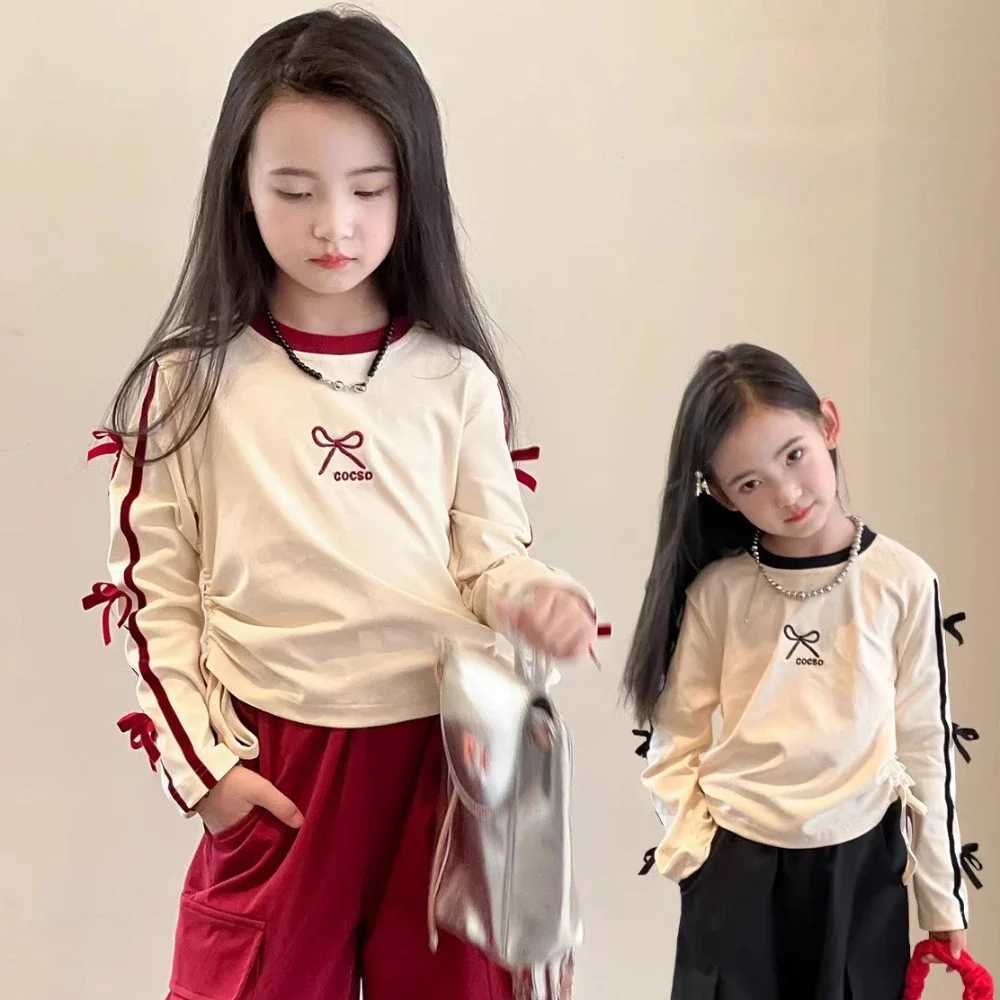 Autumn Fashion New Girls Clothes Red Bow Decoration Letter Embroidery Long Sleeved TopWork Pants 2Pcs Set Childrens Clothing C250912