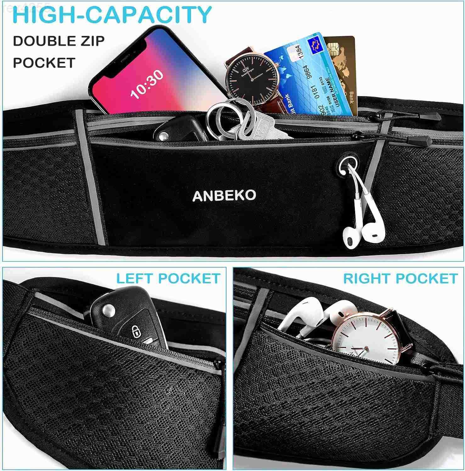 Running belt for Men Women with Extender Large Capacity Runner Waist Pack with 4 PocketsHiking Travel Camp Running Workout Belt BagReflective No Bounc