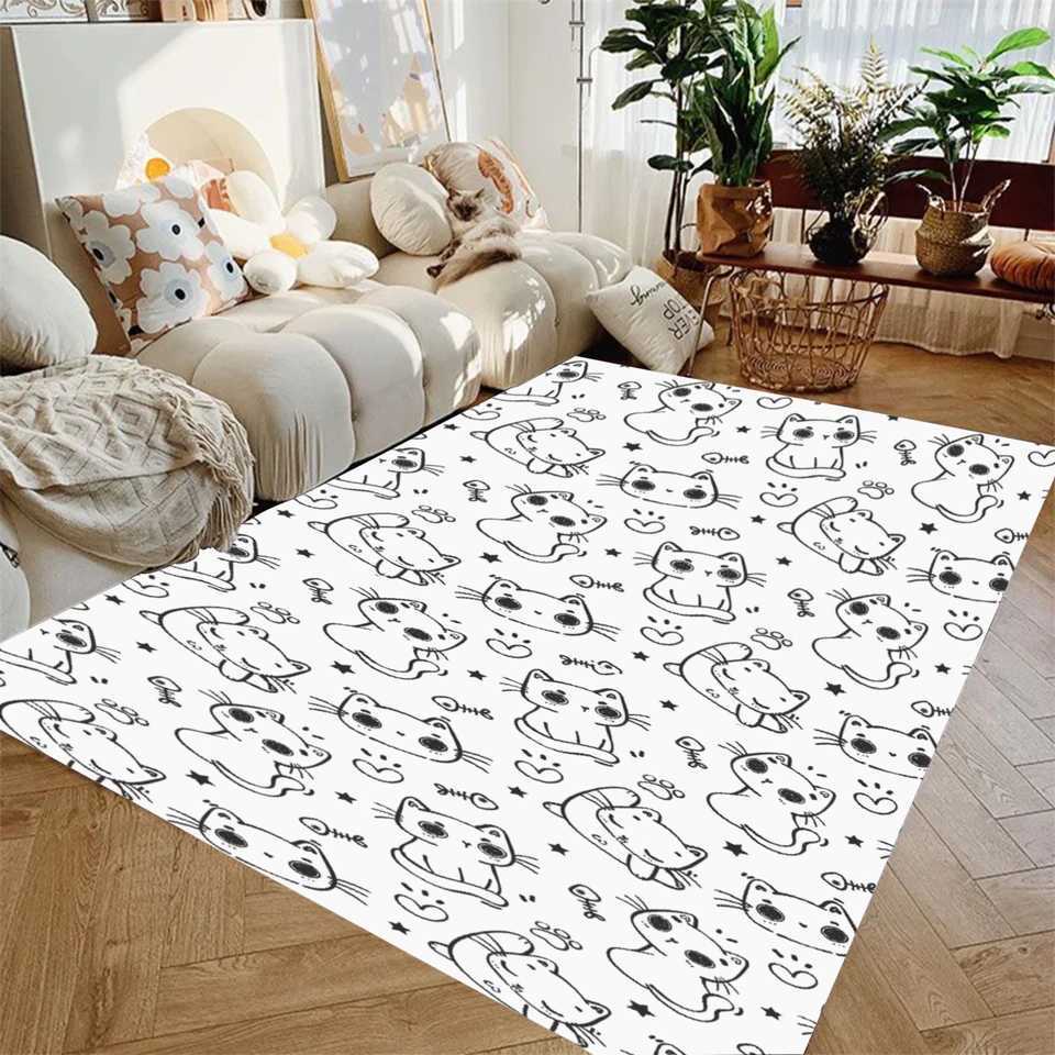 Black White Carpet Little Lovely Cat 3D Print Living Room Bedroom Decor Nonslip Rug Floor Mat Surface Cozy Carpet Birthday Gift C250912