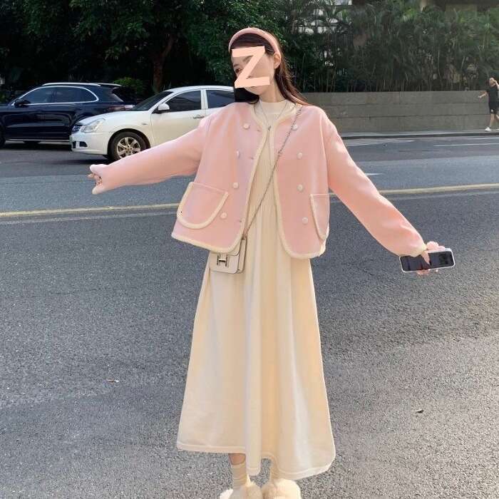 DHEssentials Autumn Winter New French Small Fragrance Color-Block Elegant Long-Sleeve Coat Women Gentle Style Apricot Dress Two-Piece Set