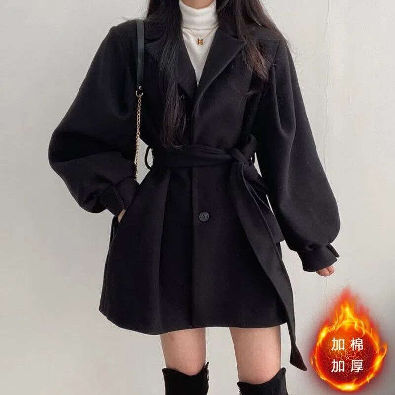 womens coat jackets womens fur coat Autumn Winter Korean Style New Small Petite Mid-Length Woolen Coat Women Lantern Sleeve Suit Collar Tie Coat