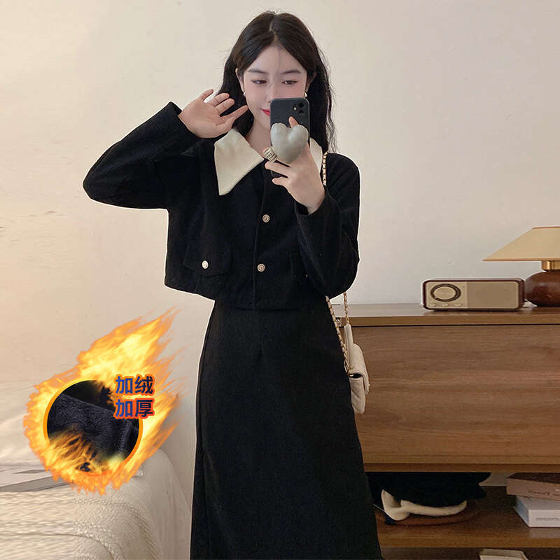DHEssentials 2024 Autumn Winter New Corduroy Fleece-Lined Plus Size Chanel-Style Elegant Lapel Coat High-Waisted Skirt for Women