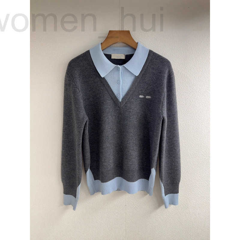 Women's Knits & Tees designer New Wool Blend Fake Two-Piece Sweater Fashion Versatile Turn-Down Collar Unisex 1Z3D