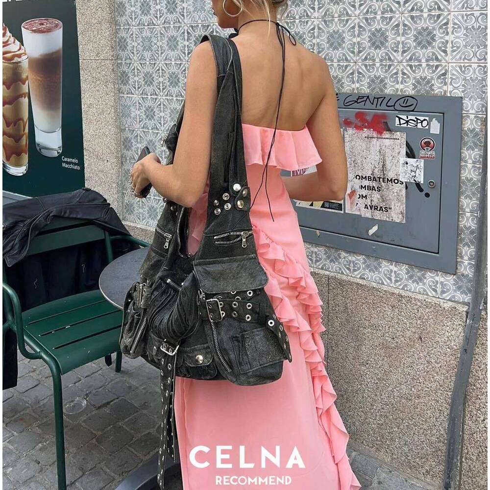 NEW Leather One Shoulder Bag For Women Fashion 2023 New Trendy Double Pockets Patchwork Rivet Underarm Bags Female