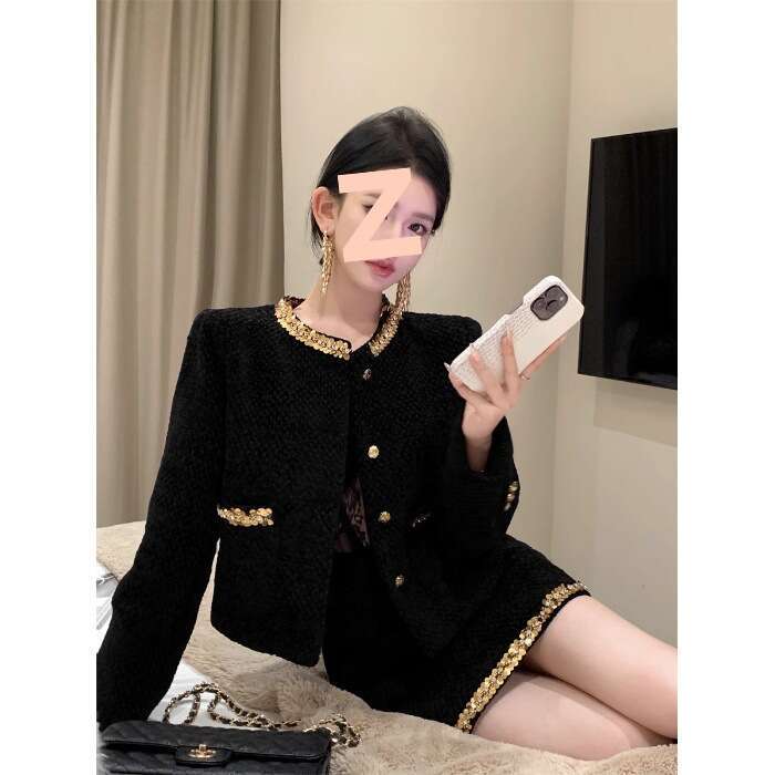 DHEssentials Chanel Suit 2025 New French Style Rich Lady Socialite Black Sequin Wool Blazer Women Autumn Winter