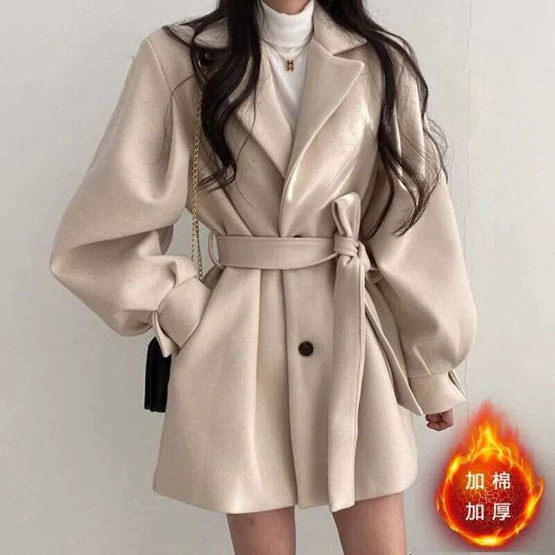 womens coat jackets womens fur coat Autumn Winter Korean Style New Small Petite Mid-Length Woolen Coat Women Lantern Sleeve Suit Collar Tie Coat