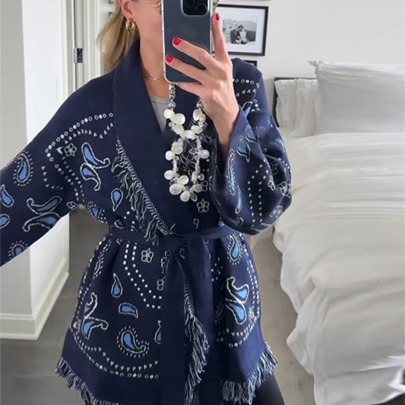 Tassel Patchwork Printed Cardigan Women Geometric Patterns Belts Vneck Long Sleeve Knitted Street Lady Sweater 2025 Autumn Coat 250911