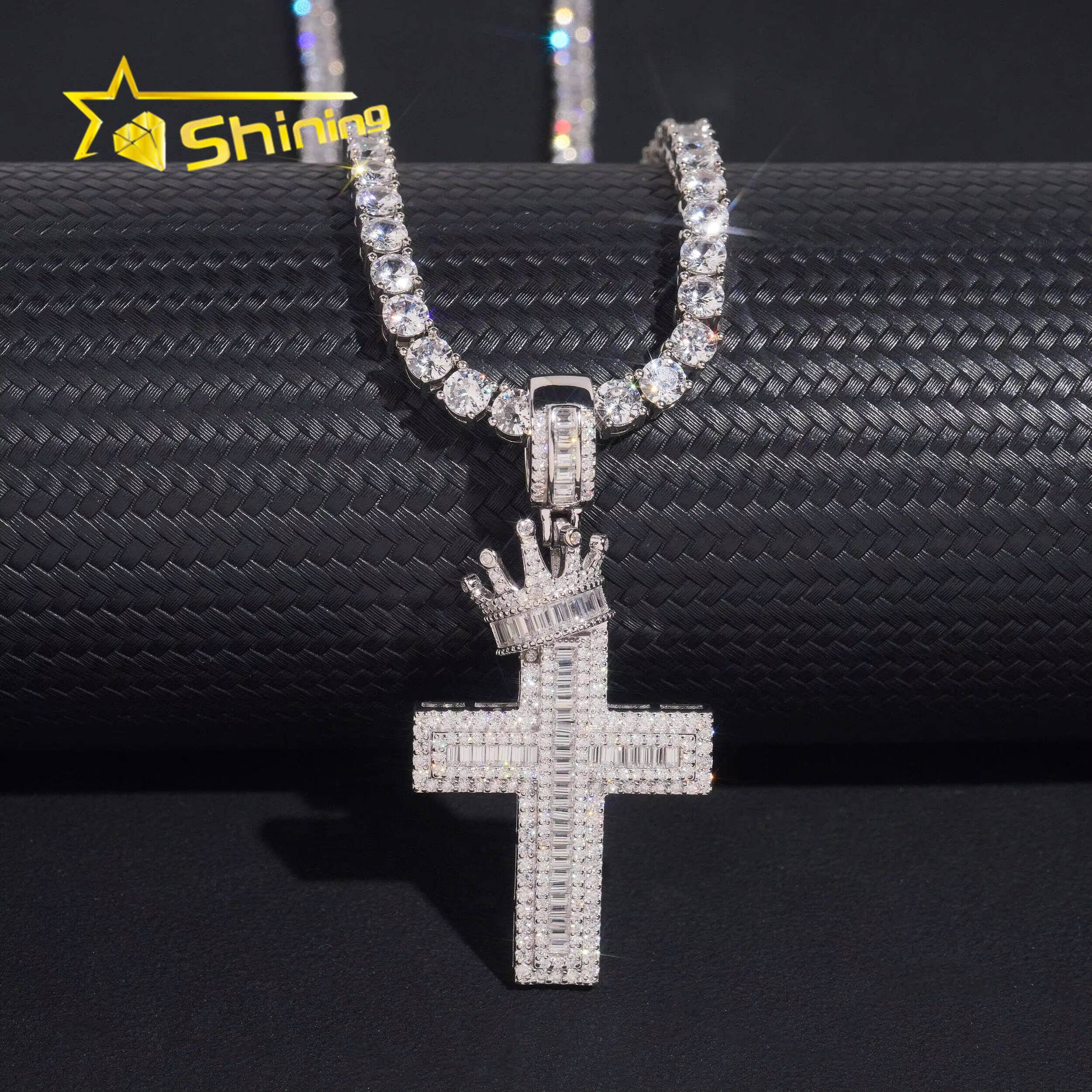 Crown Bail Baugette Moissanite Cross Charm 925 Sterling Silver Gold Plated Iced Out GRA Moissanite Pass Diamond Tester Pendant
