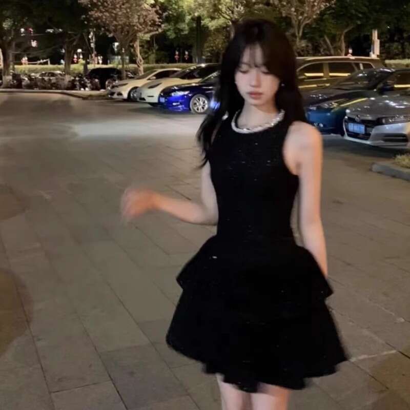 DHEssentials French Style Black Shimmer Vest for Women, High-End Socialite Elegant Waist-Cinching Birthday Cake Short Dress