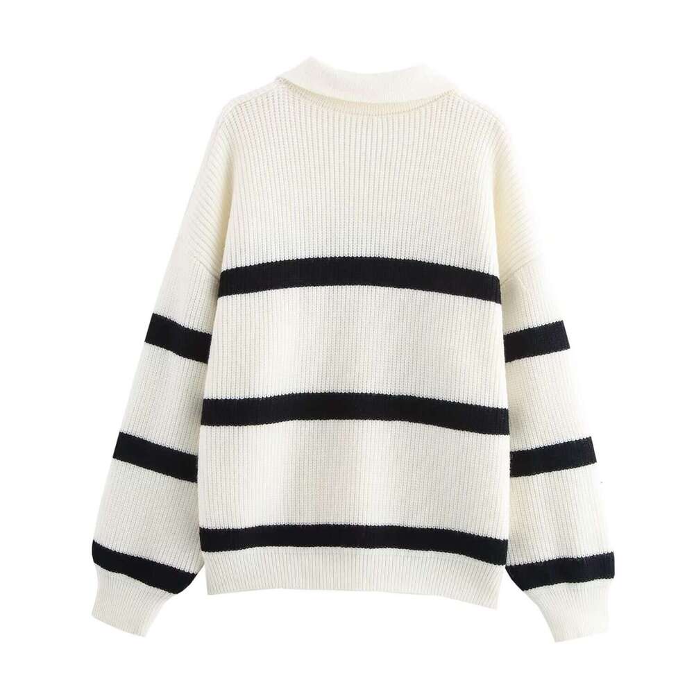 DHEssentials 2025 Autumn New French Style Chunky Knit Polo Square Neck Striped Pullover Sweater