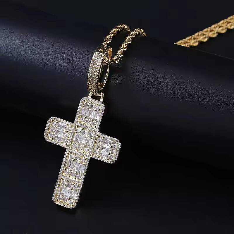 Baguette Cross Chain 14K Gold Plated Trendy Hip Hop Men Women Religious Jewelry Iced Out Moissanite Jesus Pendant Necklace
