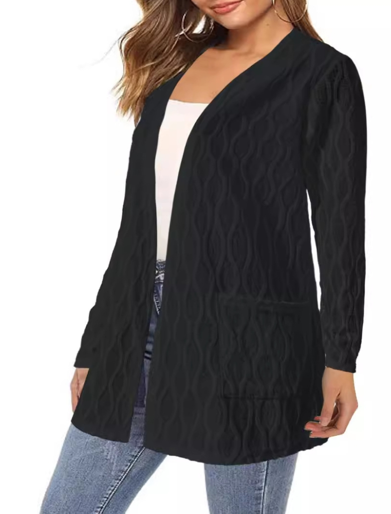 Openwork Solid-Color Homewear Casual Knit Long-Sleeve Cardigan for Commuting