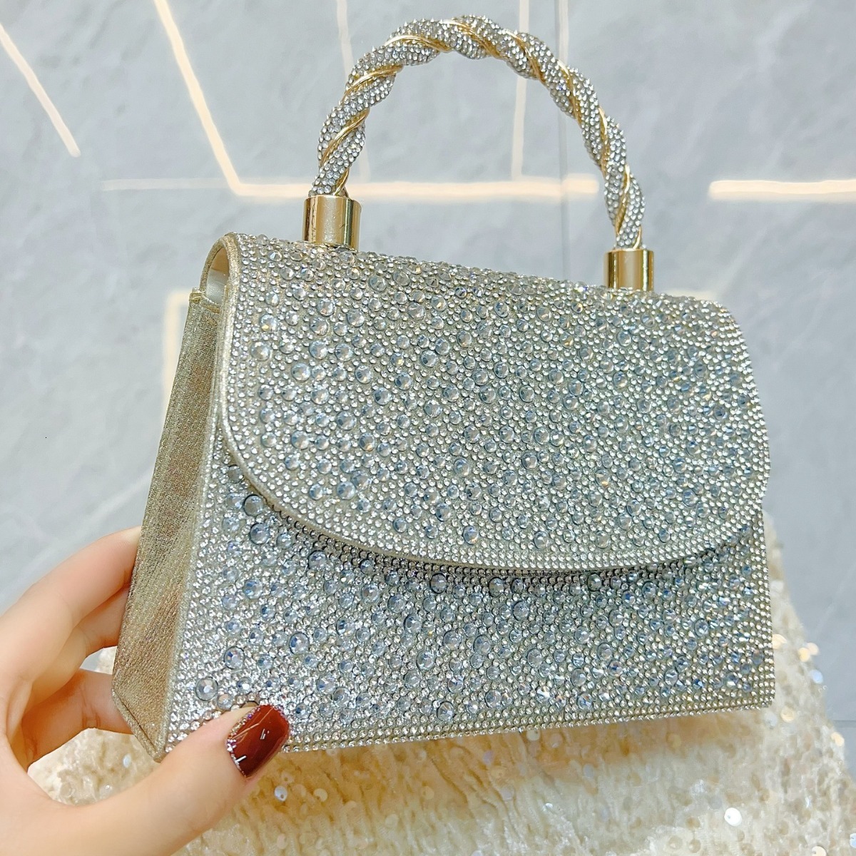 TB BHULAMTE Designer Bag New French Full Diamond Social Party Water Diamond Small Square Bag Inlaid Diamond Handbag Luxury Shoulder Cross Bag