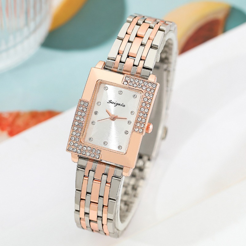 Luxury Female Timepiece: Sparkling Square Case & Dazzling Bezel Design