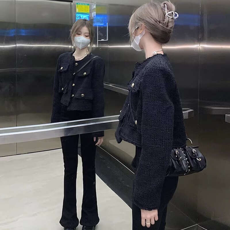 DHEssentials Black Chanel-Style Jacket for Women 2025 Spring and Autumn New French Style High-End Socialite Petite Slim-Fit Short Coat