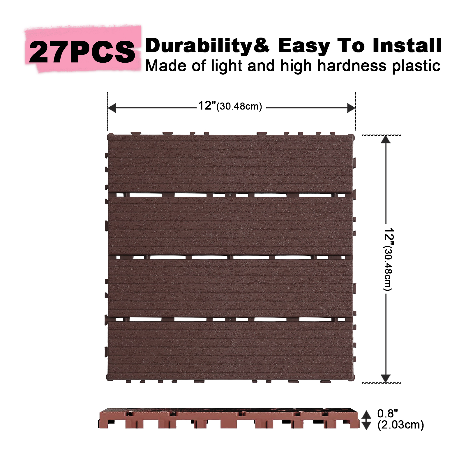 Plastic Floor Tiles Interlocking Deck Tiles, Waterproof Snap Together Flooring for Outdoor Indoor, Anti-Slip Patio Balcony Carpet