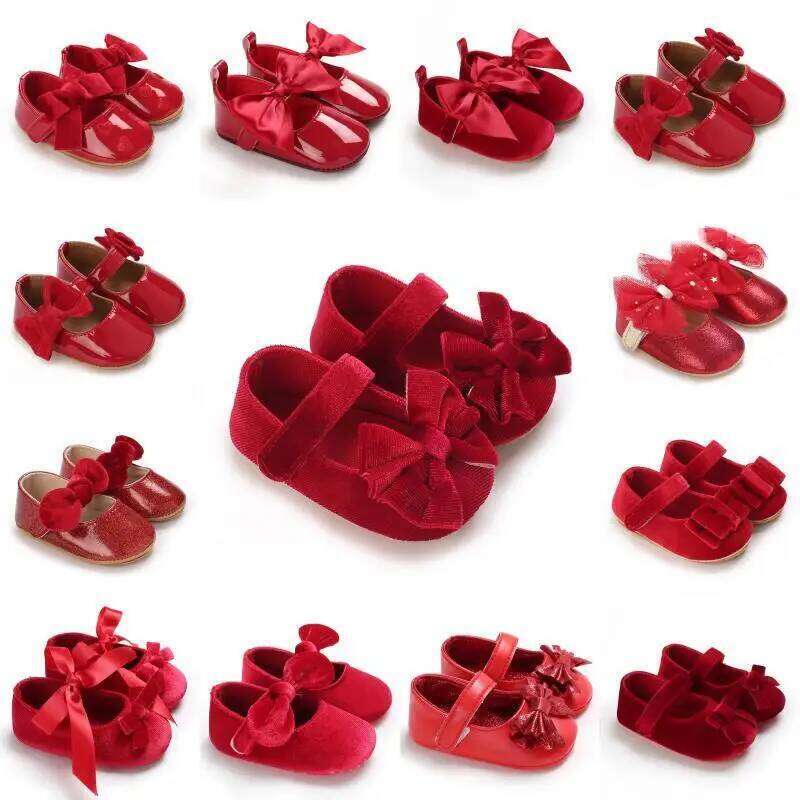 Spring and Autumn Girl Baby Classic Fashion Red Theme Cute Bow Princess Shoes Rubber Sole Anti slip Comfortable Walking Sh