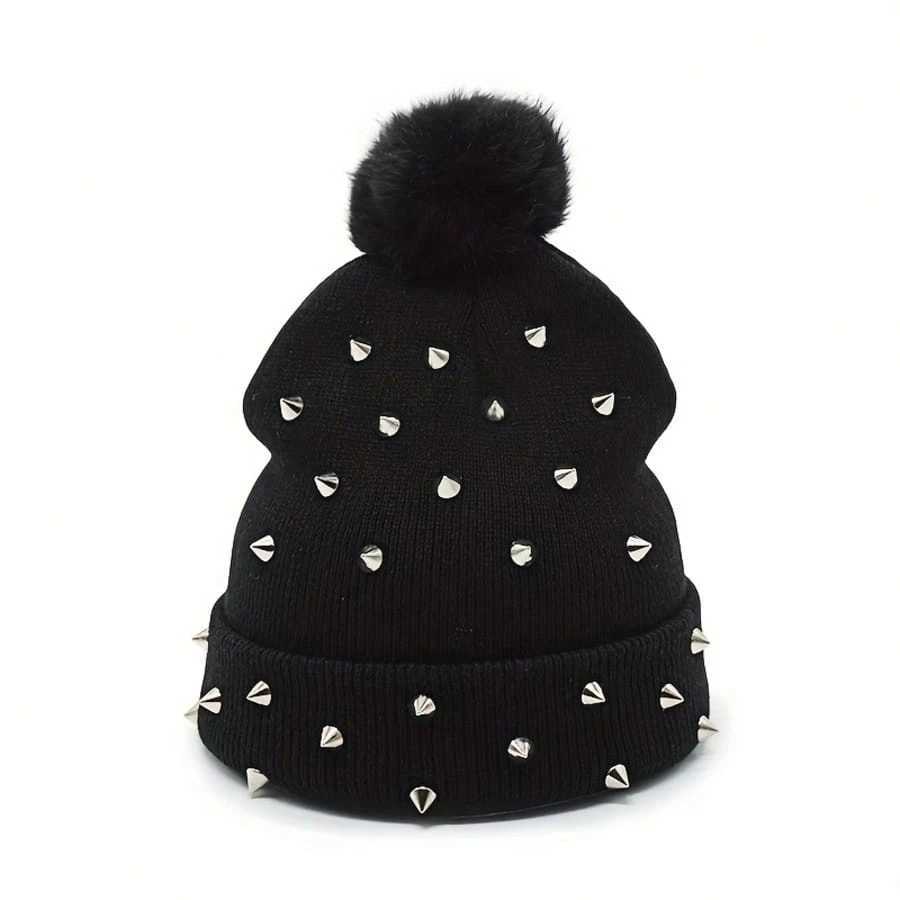 1PC Mens and Wens AutumnWinter Personali Punk Rivet Warm Wool Ball Knitted Hat Soft and Cfortab G250910
