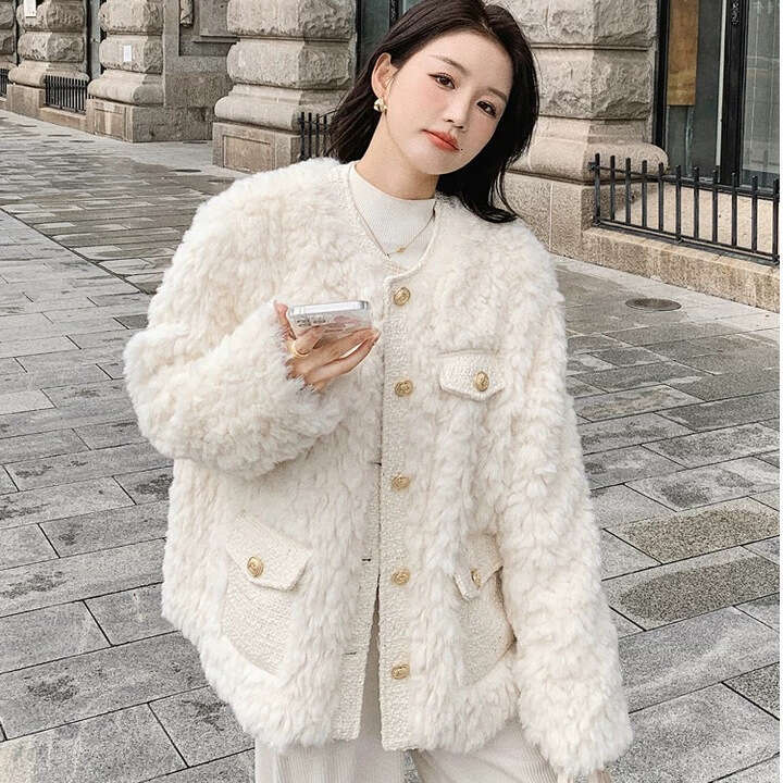 DHEssentials Chanel Furry Coat for Women, High-End Feel, 2024 Spring Lamb Wool Design, Elegant Cotton Jacket, Autumn Korean Style Top