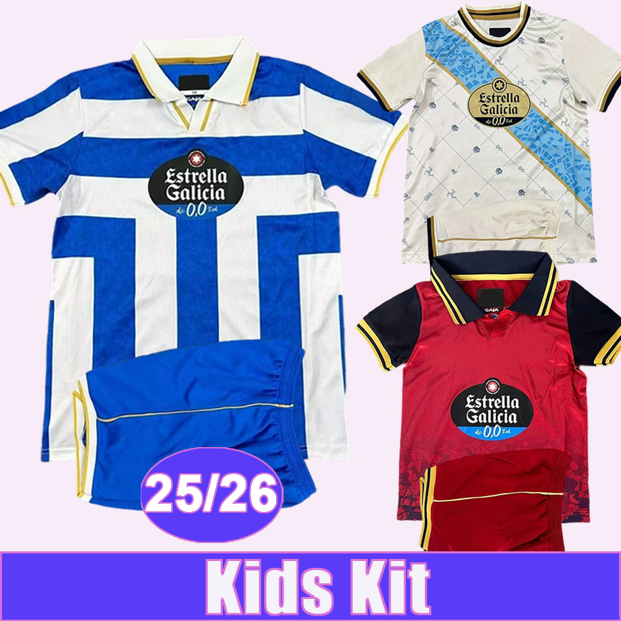 25 26 Deportivo La Coruna Kids Kit Soccer Jerseys YEREMAY BOULDINI PETXARROMAN D.VILLARES ESCUDERO Home Away 3rd Football Shirt Child Suit Uniforms