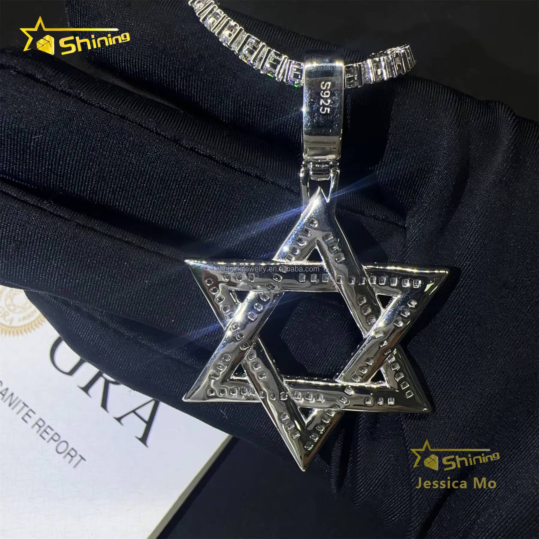 Drop Shipping Hot Selling Iced Out Rapper Pendant 925 Silver Vvs Baguette Moissanite Diamond Hip Hop Star Pendant Necklace Set