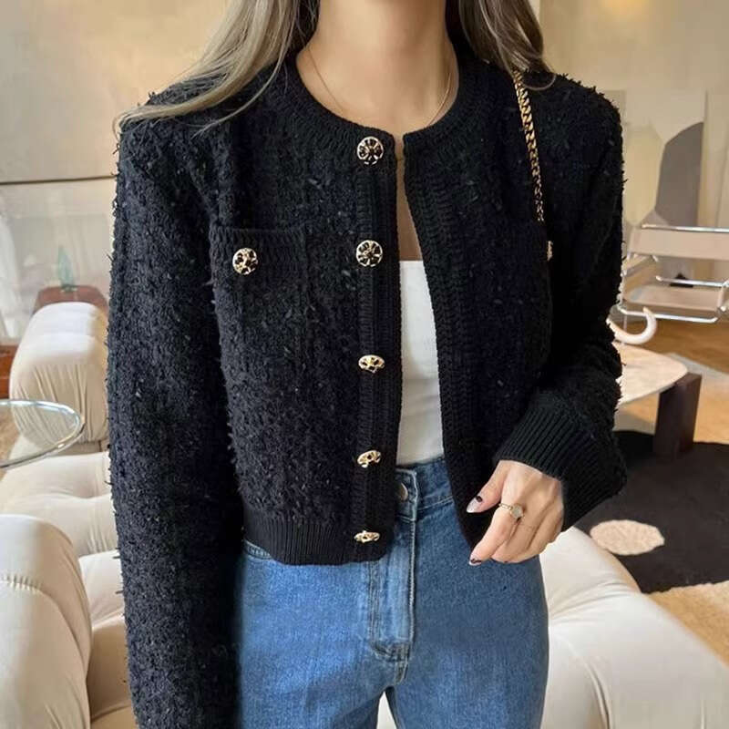 DHEssentials 2025 Autumn Winter French Style Small Fragrance Button Round Neck Short Knitted Sweater Top Fashionable Casual Versatile Stylish Cardigan