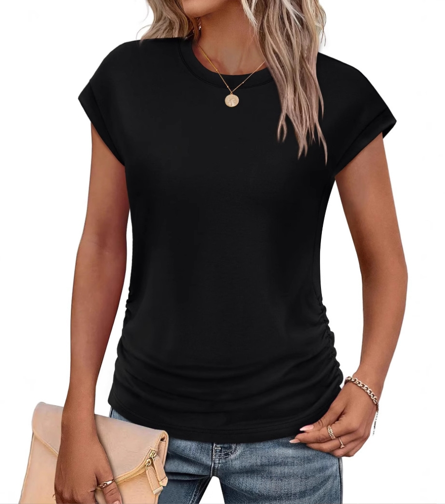 Fashionable Solid-Color Crew Neck Short-Sleeve T-Shirt with Waistline Detail