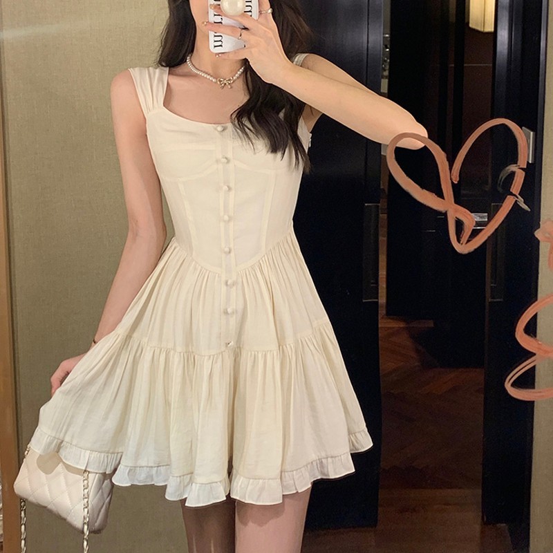 X15519 White Moonlight Temperament Sweet and Gentle Style Suspender Dress Women's Slimming Dress