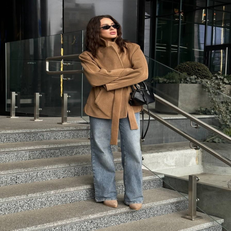 Lace Up Waist Cinching Trench Coat Woman Solid Color Lapel Long Sleeves Loose Casual Jackets Street Versatile Womens Jacket 250911