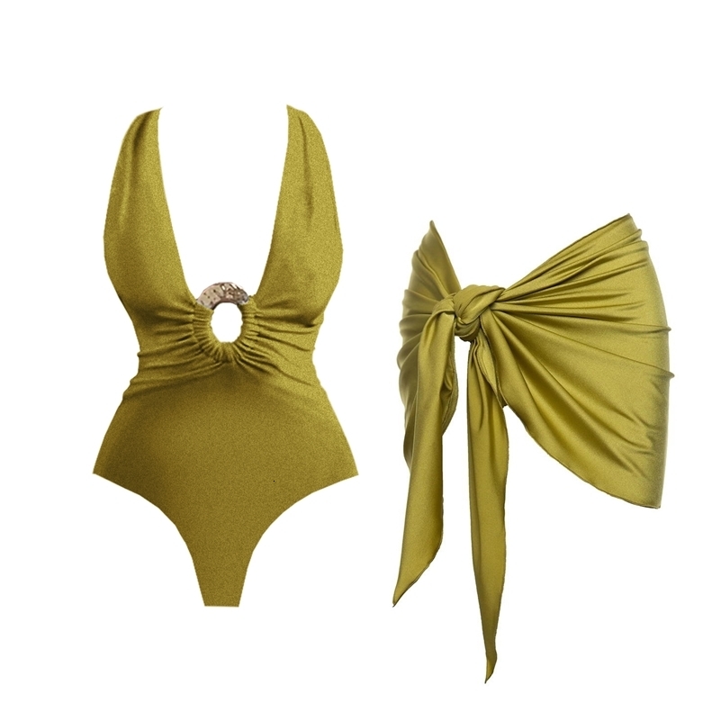 2Pcs Deep V Swimsuit With Long Skirt Women Sexy Swimwear Female Bikini Cut Out Biquini Swim Suit Shiny Button Bodysuit Beachwear 250911