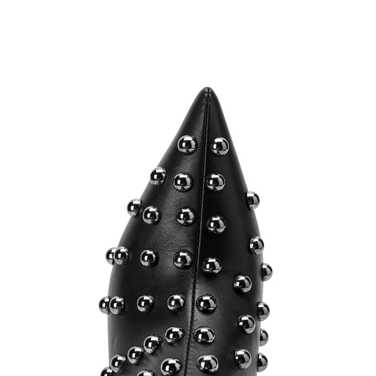 Chengdu Handmade Pointed Toe Stiletto Ankle Boots - 10.5cm Studded PU Boots (Black) 2025 Summer Collection