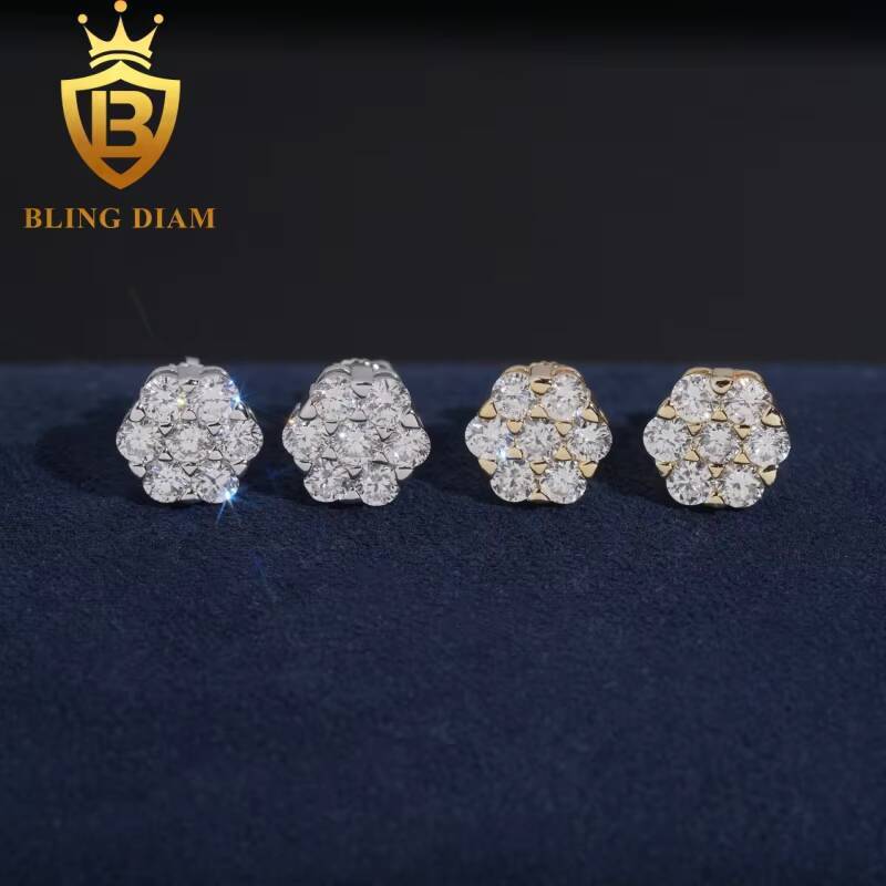 Trendy Pass Diamond Tester Hip Hop 925 Sterling Silver Gold Plated Flower VVS Moissanite Lab Diamond Stud Earrings