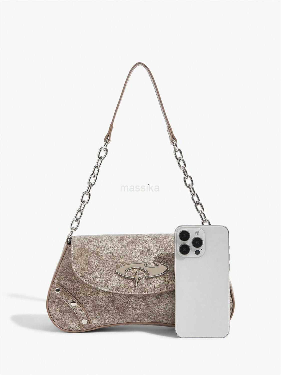 Womens Punk Studded Flap Leather Bags Chain Top Handle Underarm Shoulder Bag M250912