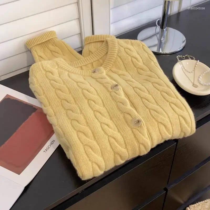 Women's Sweaters Loose Knitted Yellow Twist Open Cardigan Short Style Early Spring 2025 Sweater Top Crew Neck Pattern
