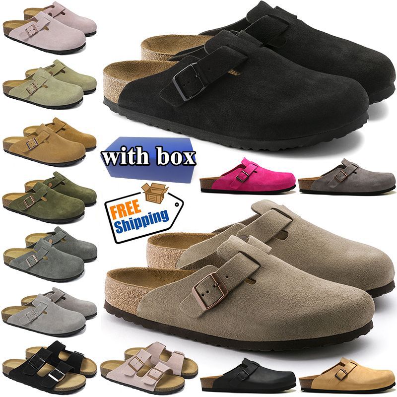 With Box Birkinstocksandal Clogs Slippers Boston Clog Designer Slipper Suede Taupe Black Brown Lron Grey Dark Gray Mocha White Sky Blue Beach Men Women Flats Sandals